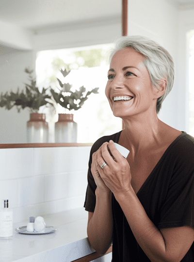 Femme d'âge mûr souriante appliquant une crème antioxydante dans une salle de bain lumineuse