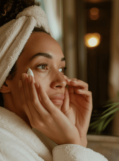 close up image woman applying eyes cream